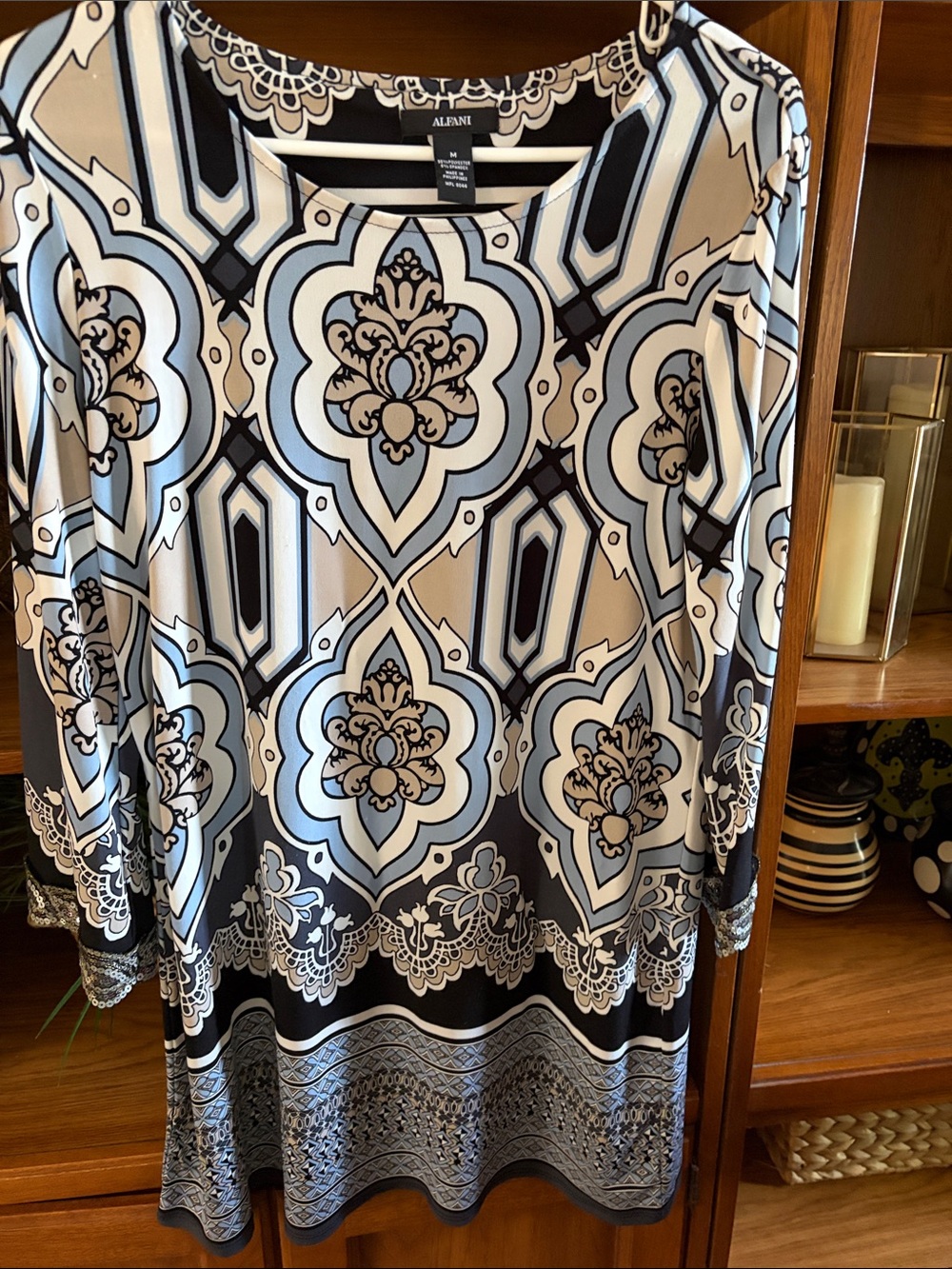Alfani Blue, Black & Cream Geometric Medallion Dress with embellished sleeves